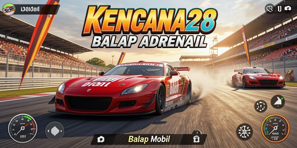 Tampilan antarmuka KENCANA28 saat balapan mobil yang mendebarkan.