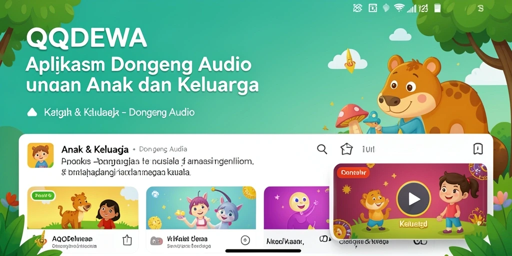 Antarmuka aplikasi QQDEWA yang menampilkan berbagai pilihan dongeng audio.
