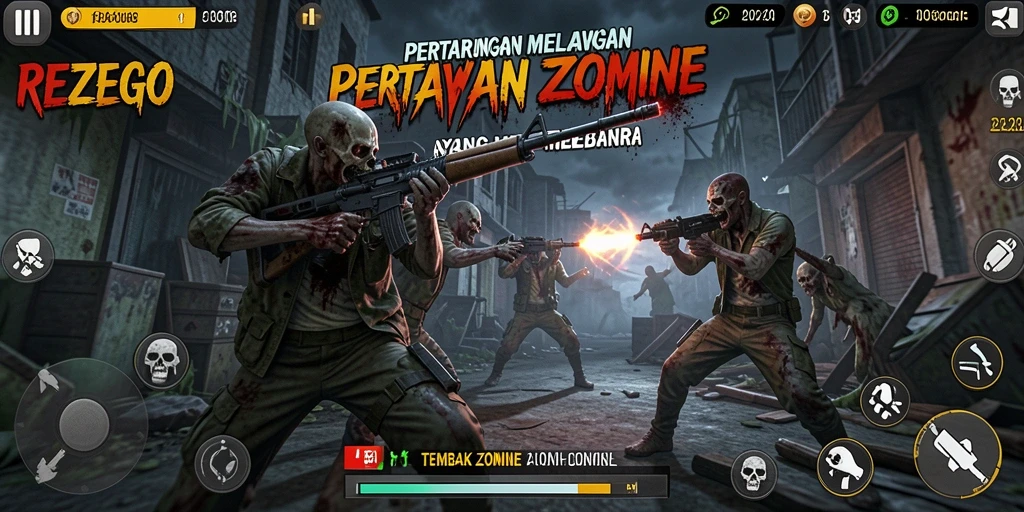Tampilan antarmuka REZEGO dengan aksi tembak zombie yang intens.