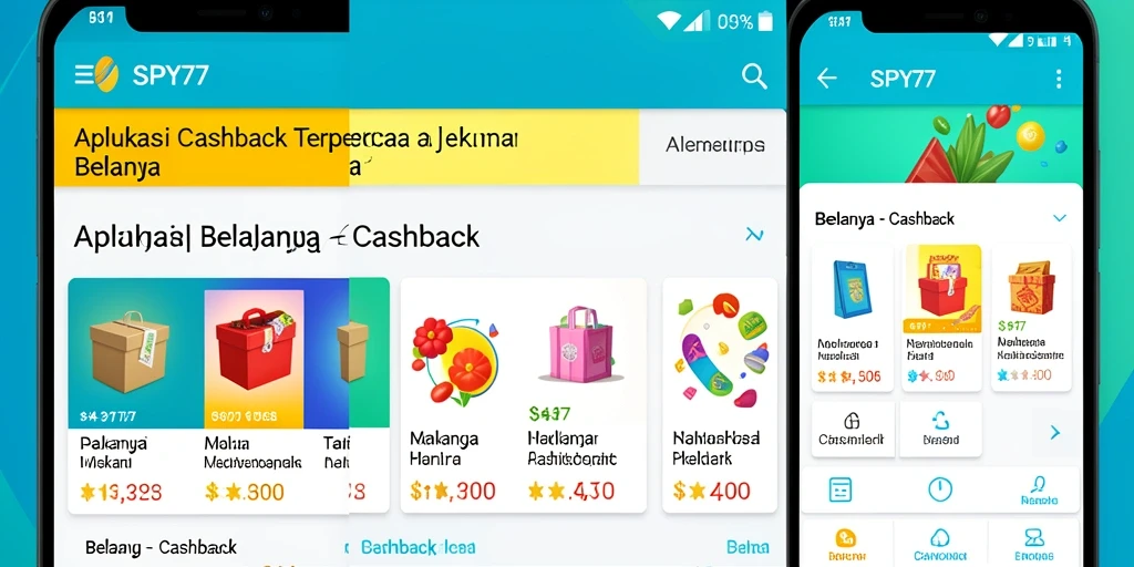 Antarmuka aplikasi SPY77 menampilkan berbagai penawaran cashback menarik.
